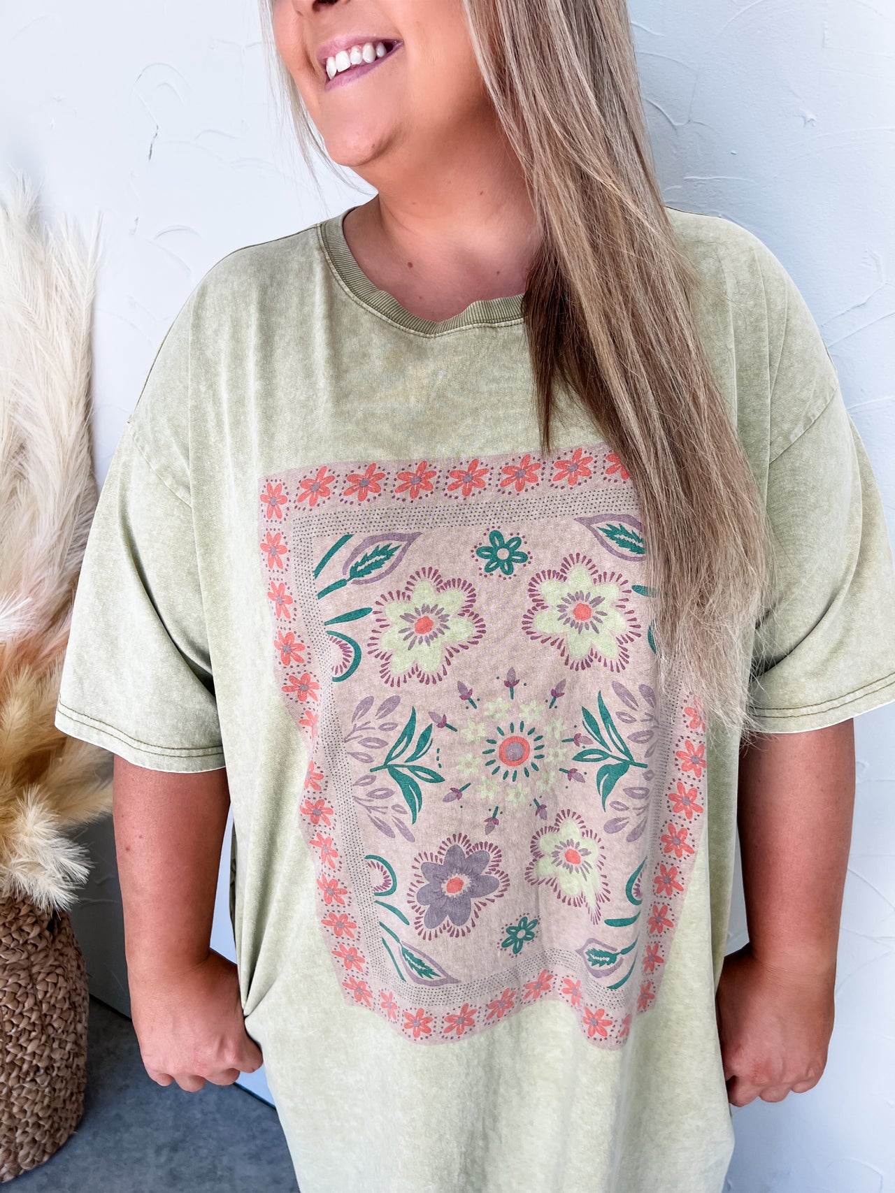 Boho Graphic Floral T-Shirt Dress- Faded Sage