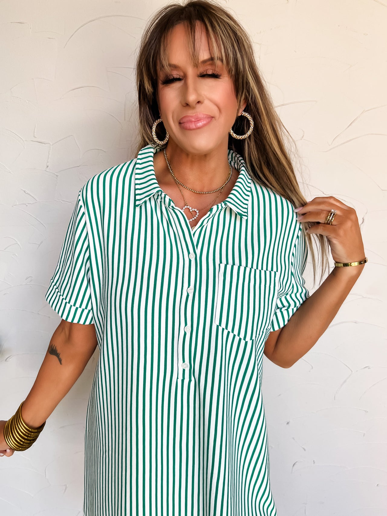 Down Memory Lane Stripe Button Up Shirt Dress- Kelly Green
