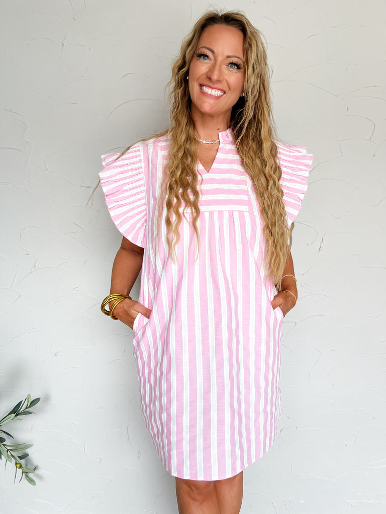 Drifting Thoughts Stripe Cap Sleeve Dress- Pink