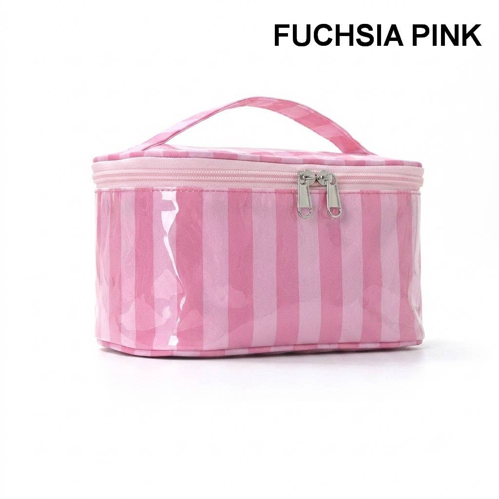 A pink and white vertically striped cosmetic bag with a glossy finish, top zipper, and carrying handle, shown on a white background with 'FUCHSIA PINK' text at the top.