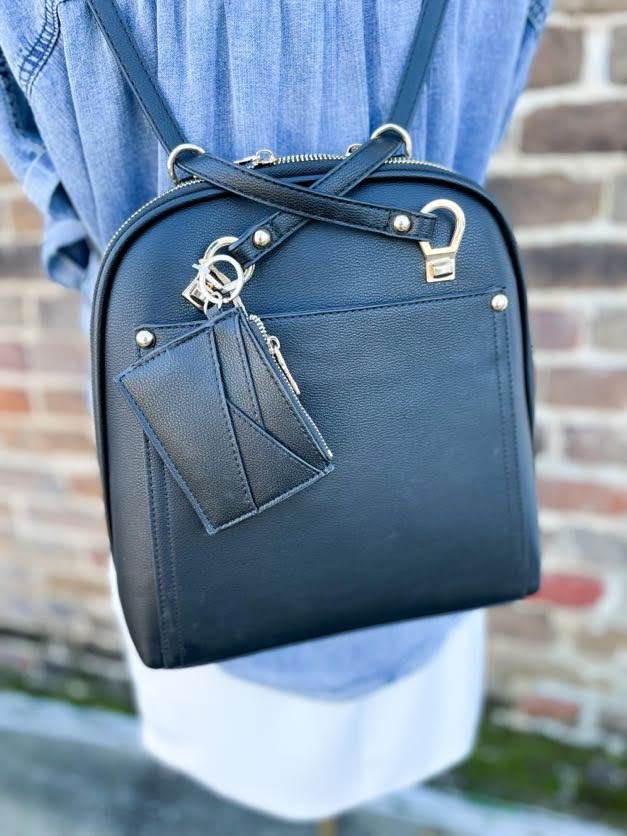 Black Faux Leather Backpack/Shoulder Bag