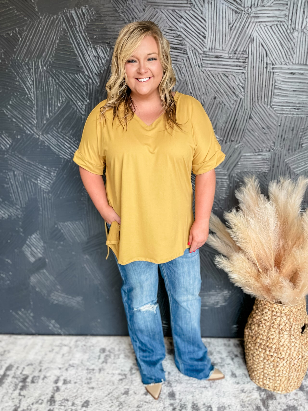 A Day Out Oversized V Neck Top- Mustard