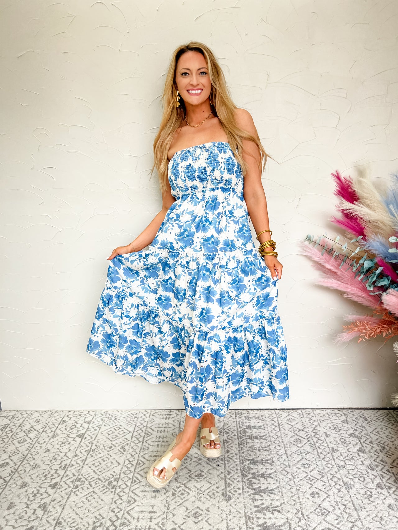 Garden Party Vibes Strapless Floral Maxi Dress- Blue