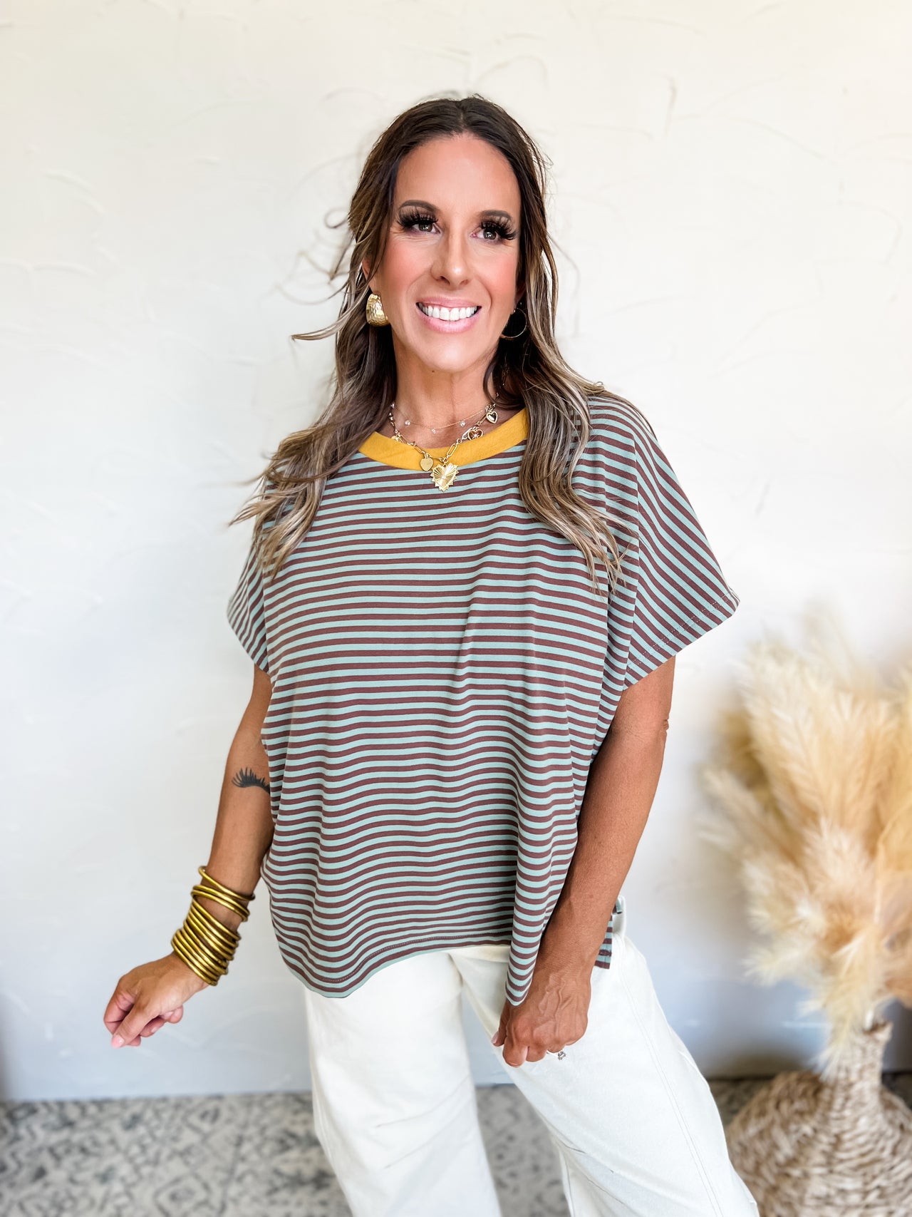 Stripes Are The Talk Soft Brushed Dolman Top- Pine/Mocha