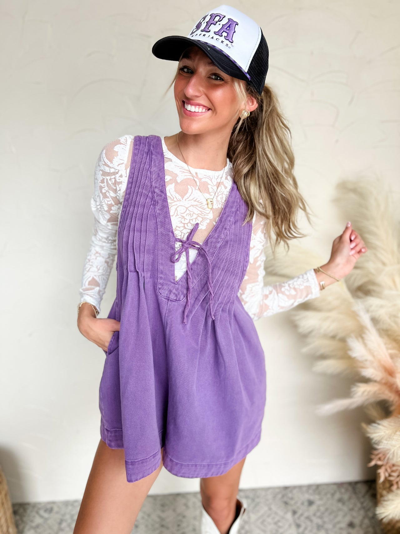 Let's Be Clear V Neck Pleated Denim Romper- Purple