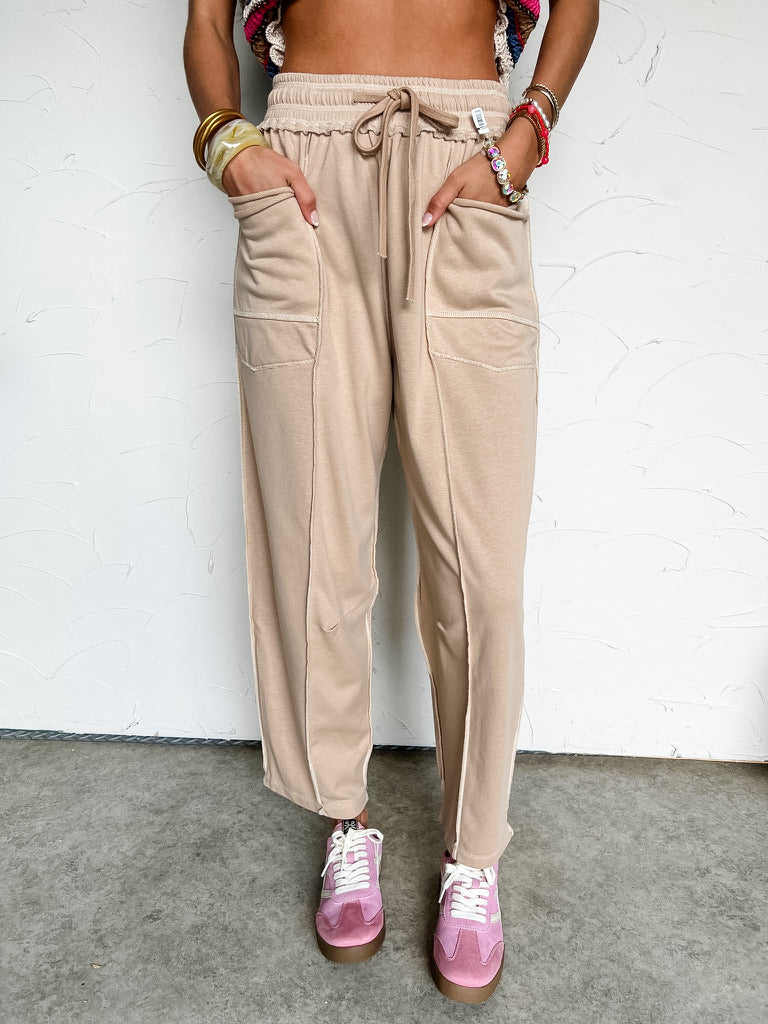 No Second Guesses Mineral Washed Barrel Fit Pants- Oatmeal