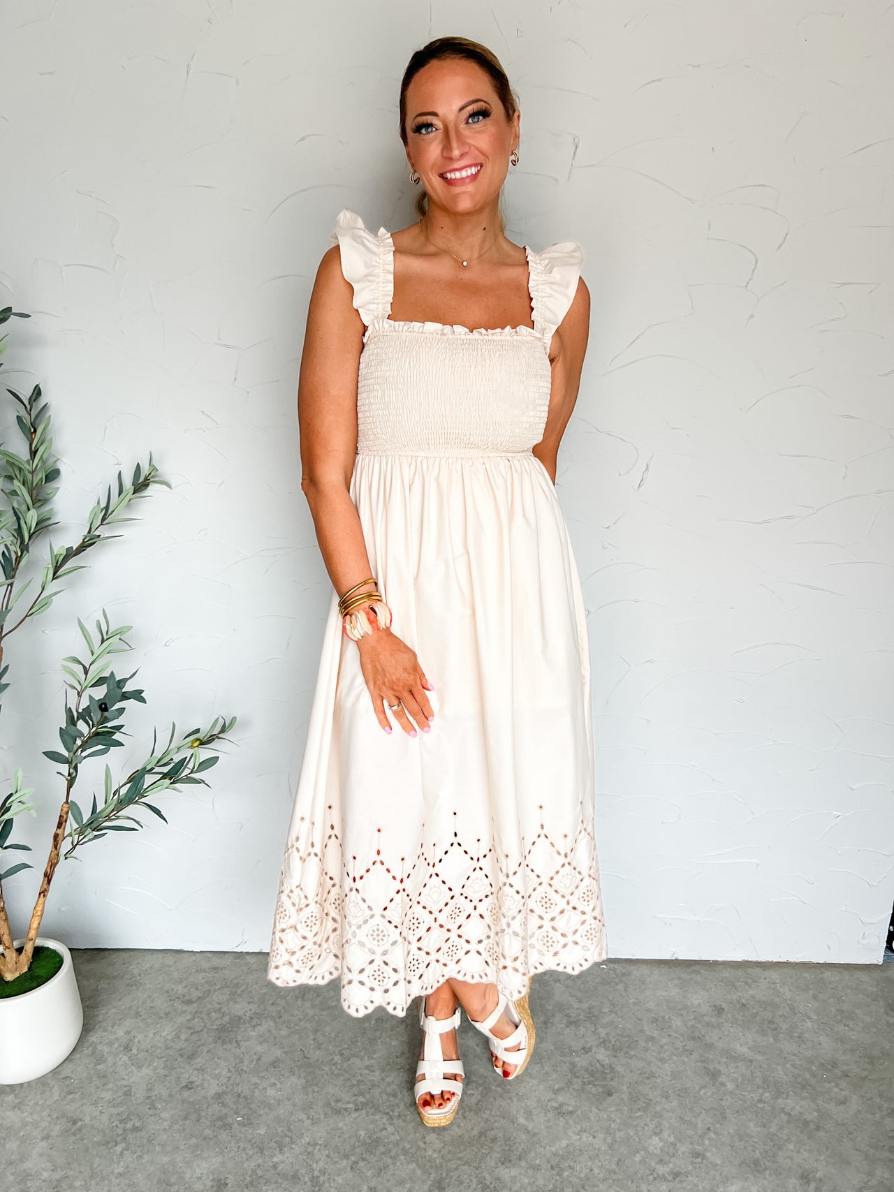 Just For The Day Smocked Eyelet Ruffle Midi Dress