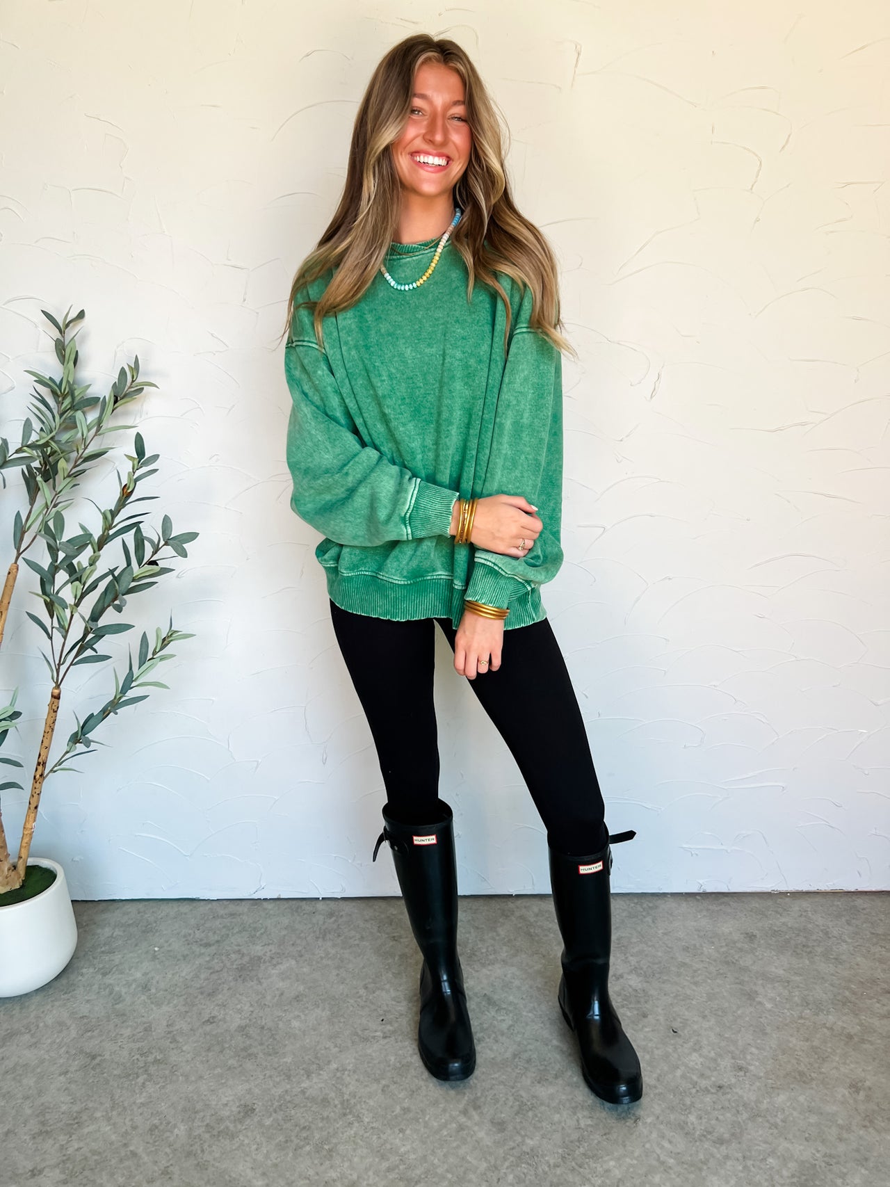Get To Know Me Acid Wash Fleece Pullover- Forest