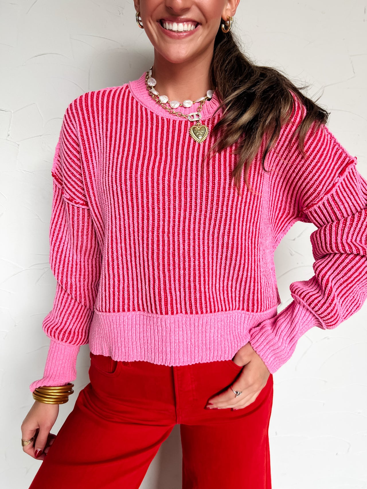 Care To Contrast Two Tone Striped Sweater- Pink