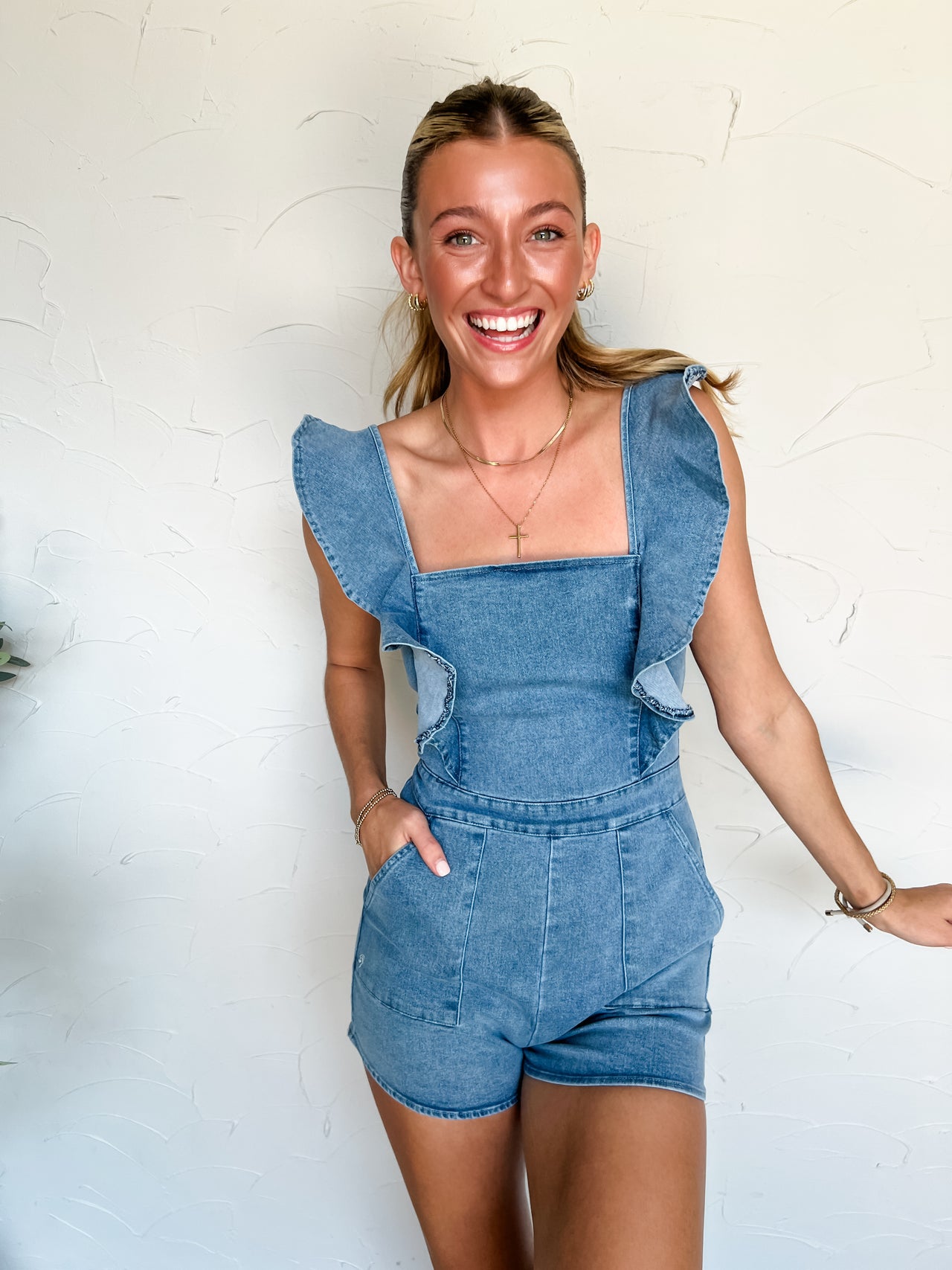 Class In Session Denim Square Neck Romper