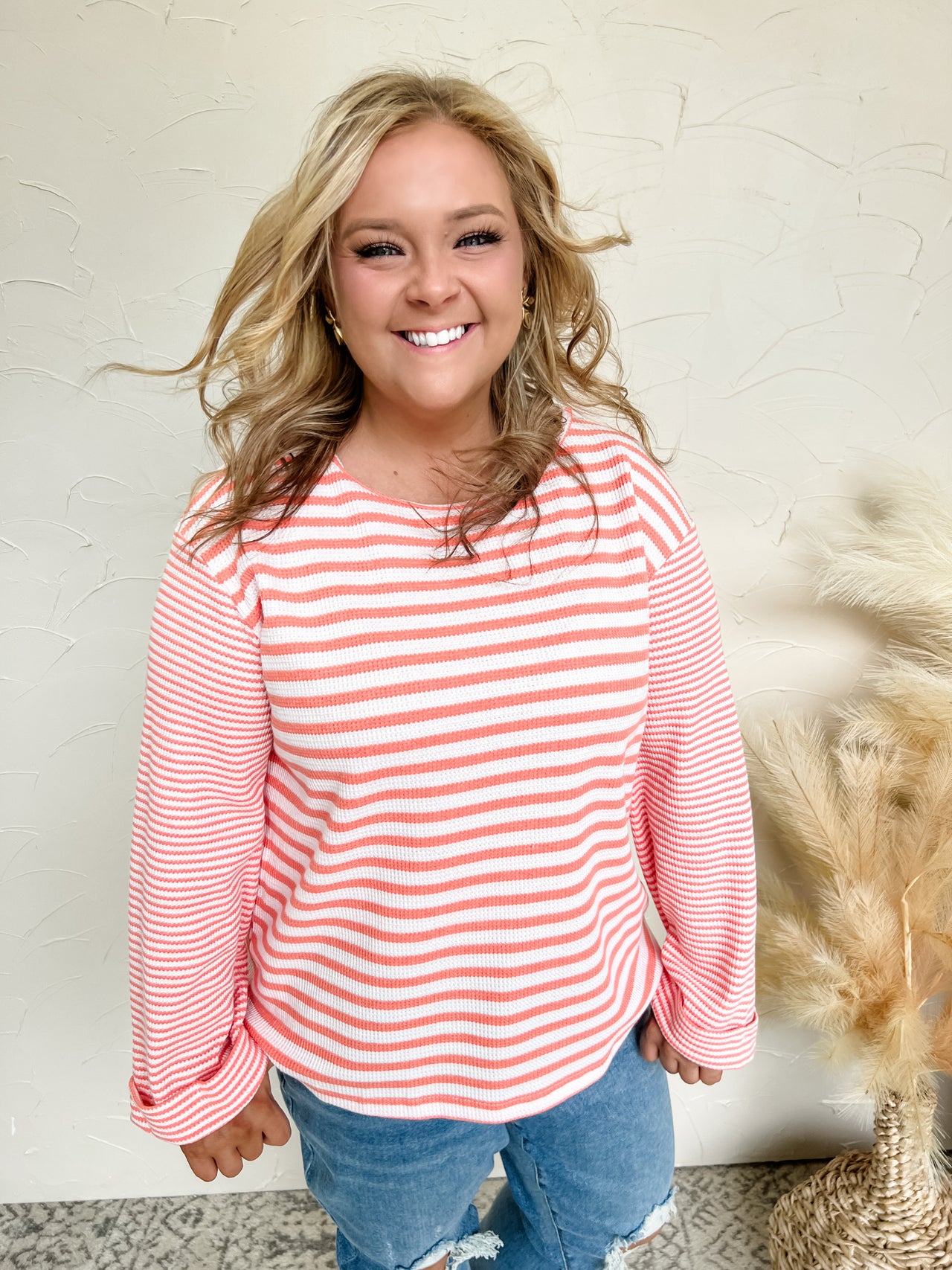 Easy Days Wide Folded Sleeve Stripe Knit Top- Coral