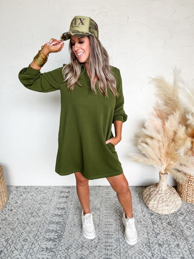 A Place To Belong Long Sleeve V Neck Dress- Olive