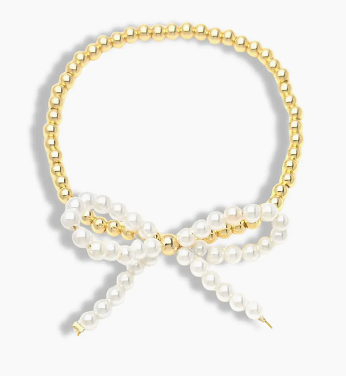 {SB} Pearl Bow & Ribbon Gold Bracelet