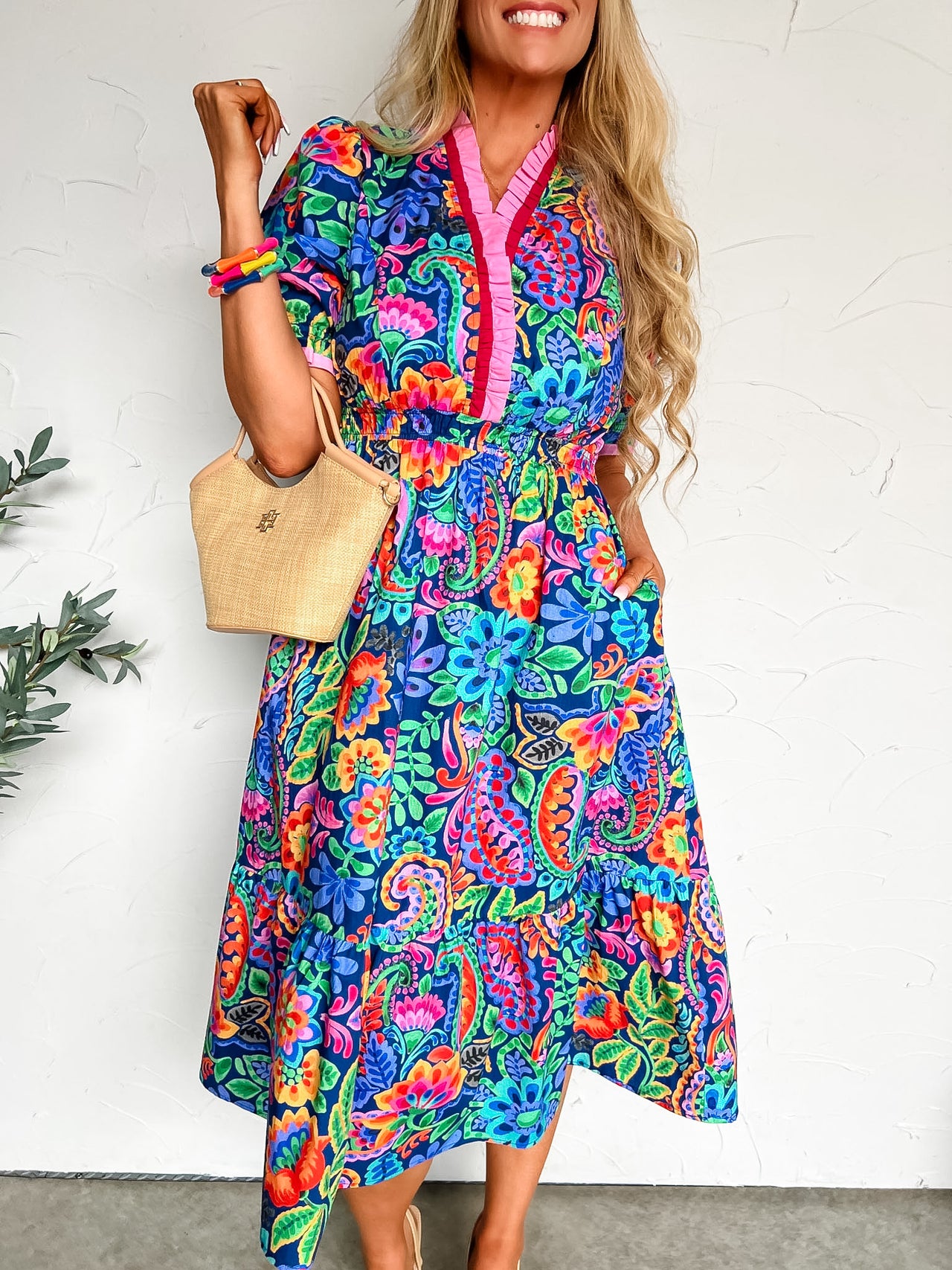 The Only Right Answer Mix Floral Ruffle Trim Midi Dress