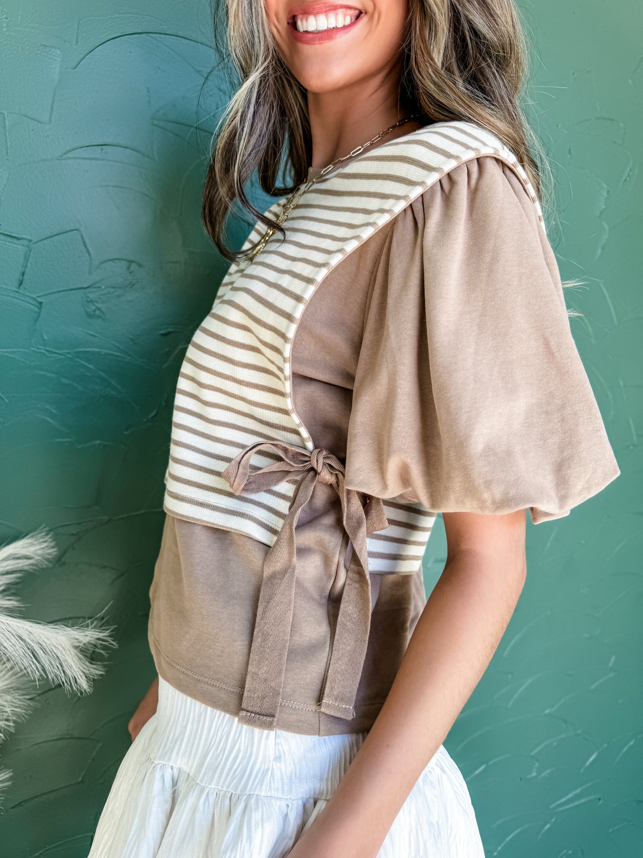 Cool And Calm Puff Sleeve Striped Top- Mocha