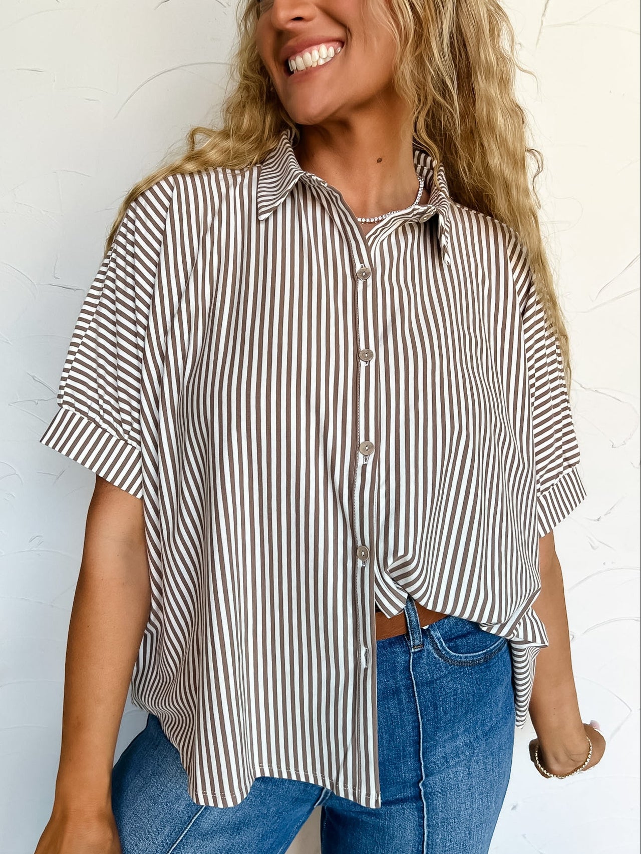 Chance It Together Oversized Stripe Shirt- Mocha