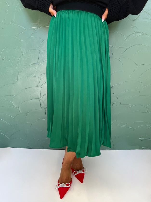 Lovely In Green Pleated Satin Midi Skirt