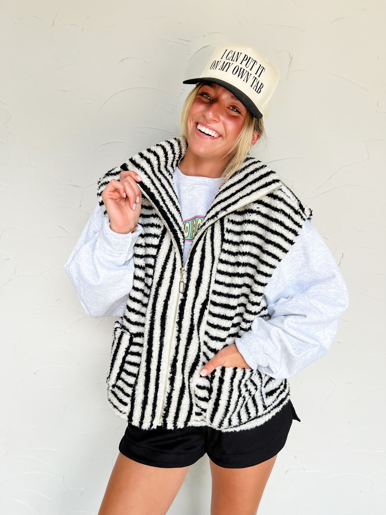Out Of Sight Striped Sherpa Vest- Black/Ivory