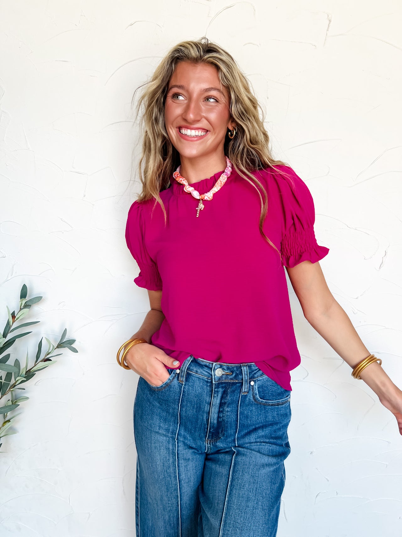 Keep It Chill Smocked Sleeve Top- Magenta