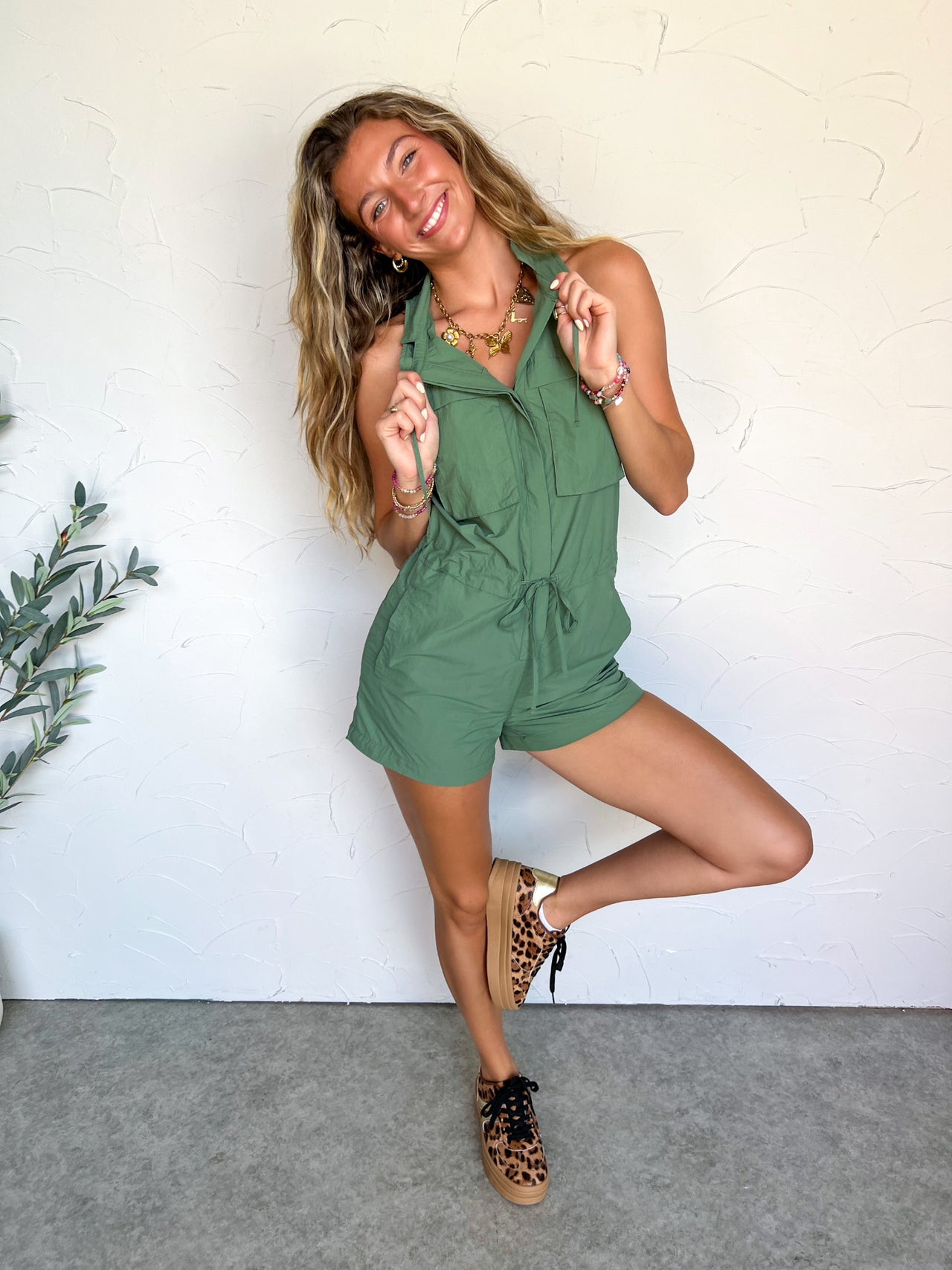 True To Yourself Cargo Romper- Dark Basil