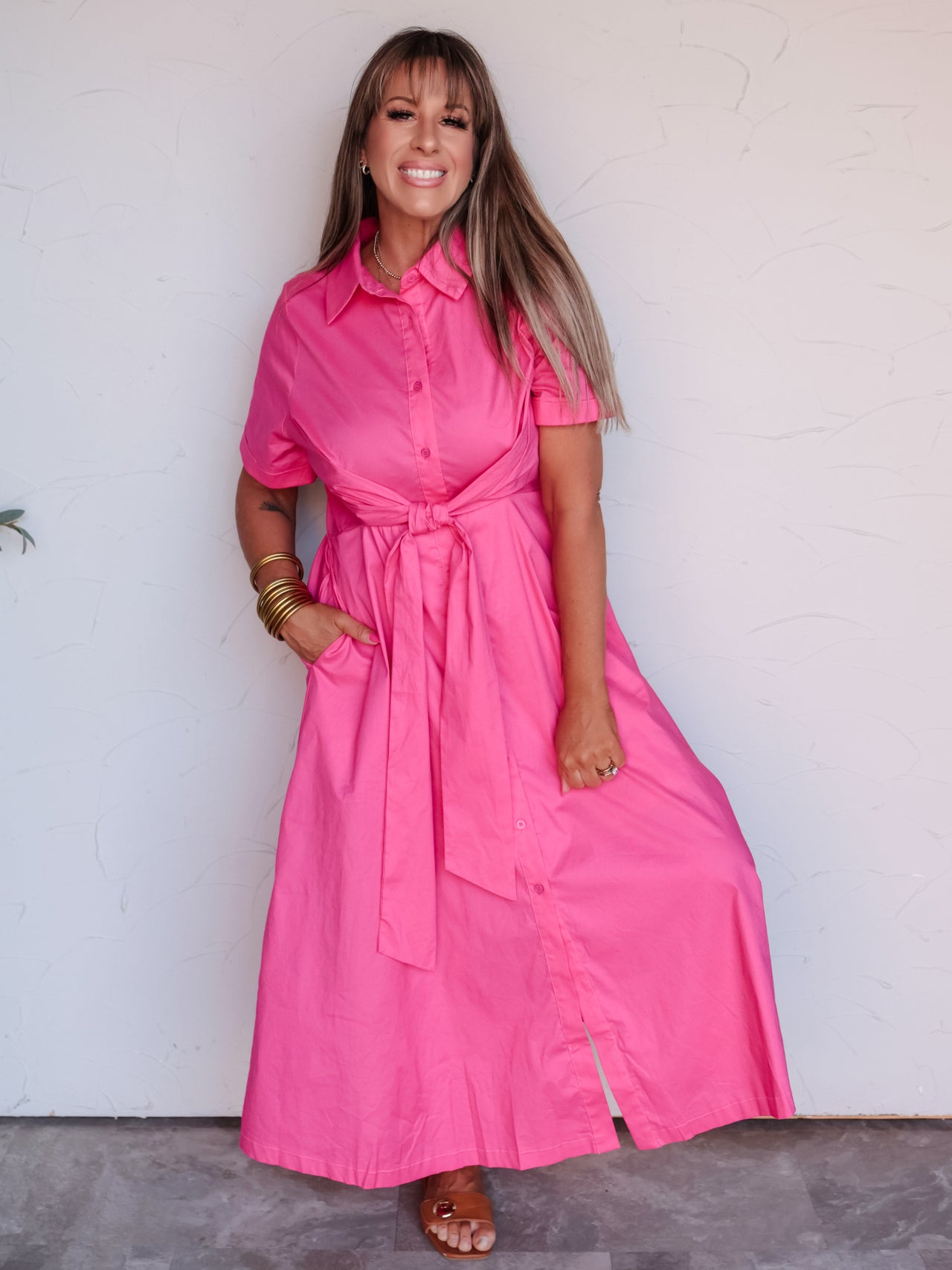 She's The One Bow Tied Waist Button Down Midi Dress- Hot Pink