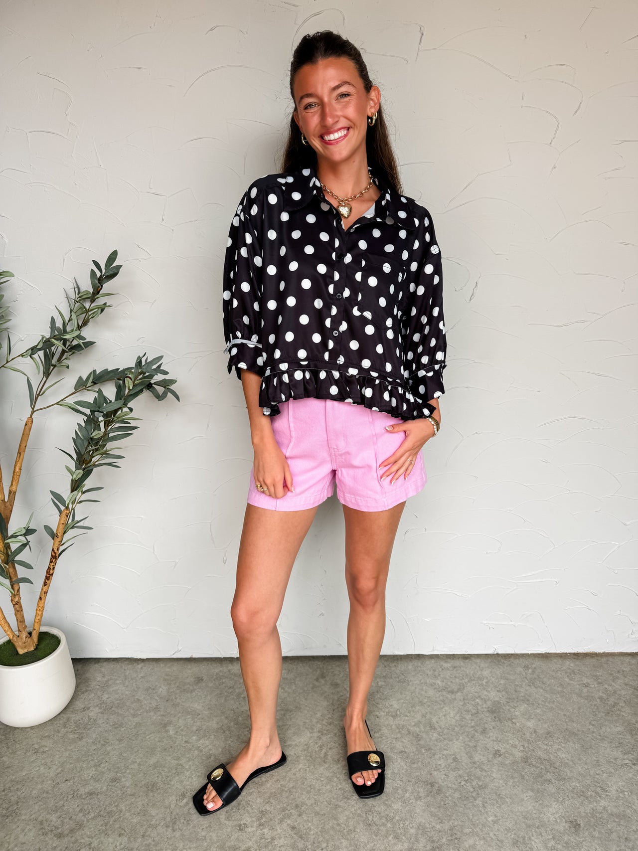 Keep Up Your Spirits Polka Dot Ruffled Top- Black