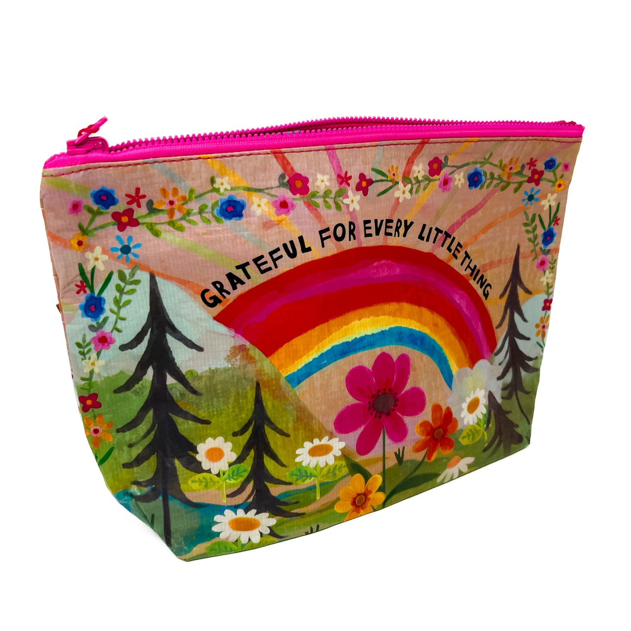 Colorful pouch with nature-themed design, rainbow, flowers, and trees on a white background.