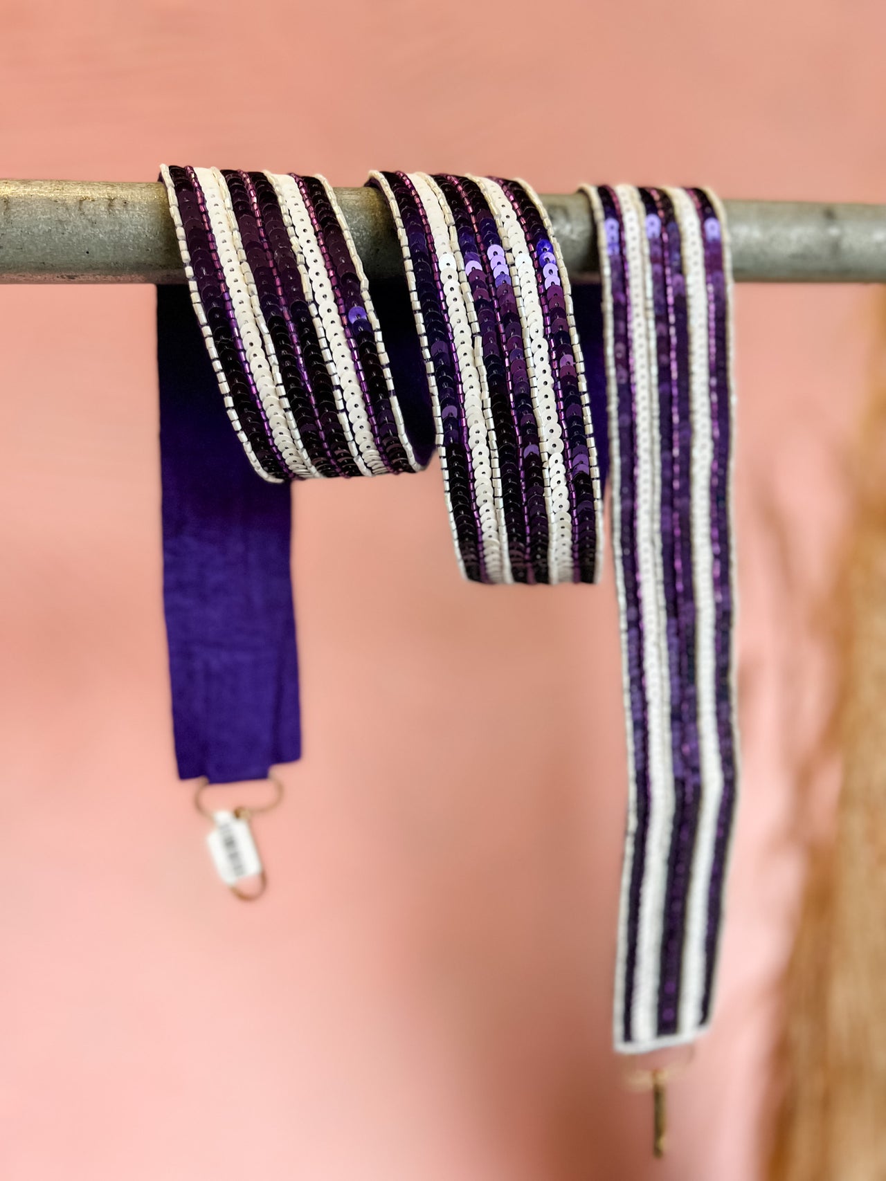 Purple & White Stripe Beaded Bag Strap