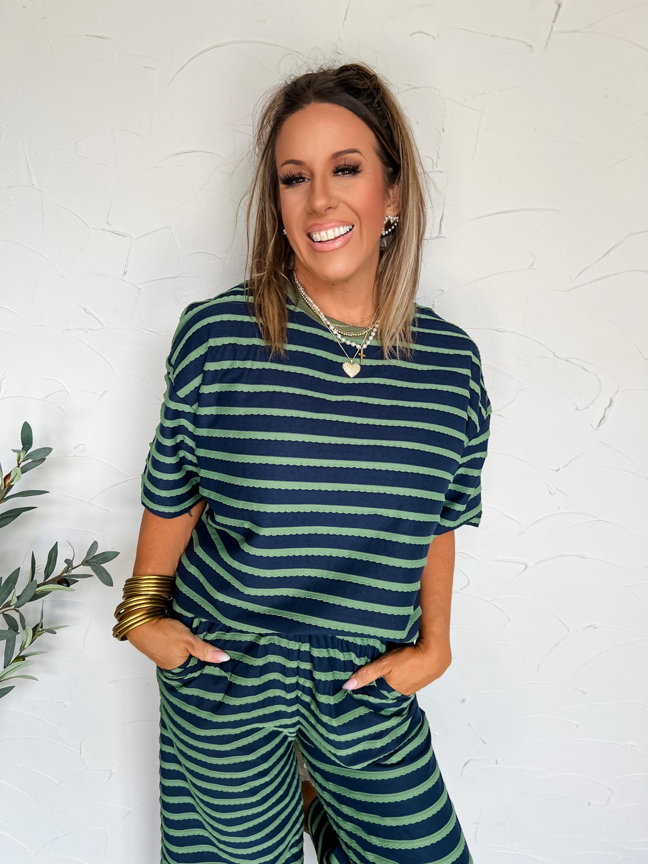 Everyday I'm Chillin' Stripe Lounge Set- Navy/Green