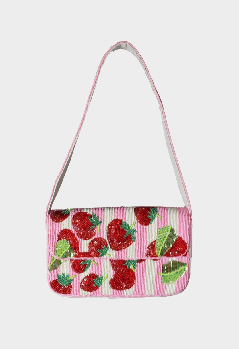 Beaded handbag with strawberry pattern on a white background