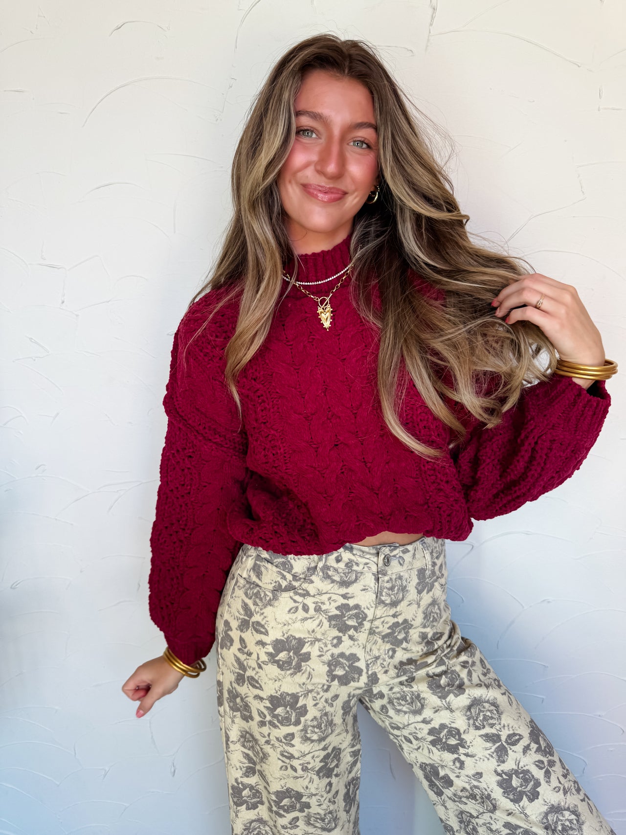 In My Happy Place Cable Knit Sweater- Cabernet