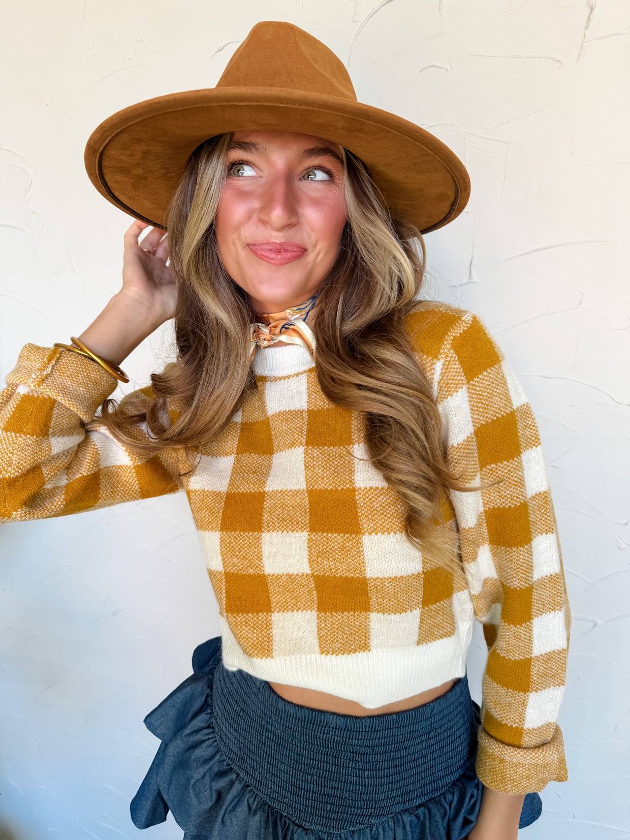 Set The Tone Mustard Checkered Cropped Sweater