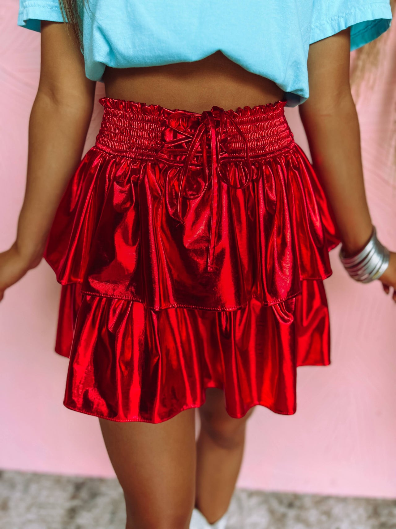 Glossy Red Metallic Lace Up Skort