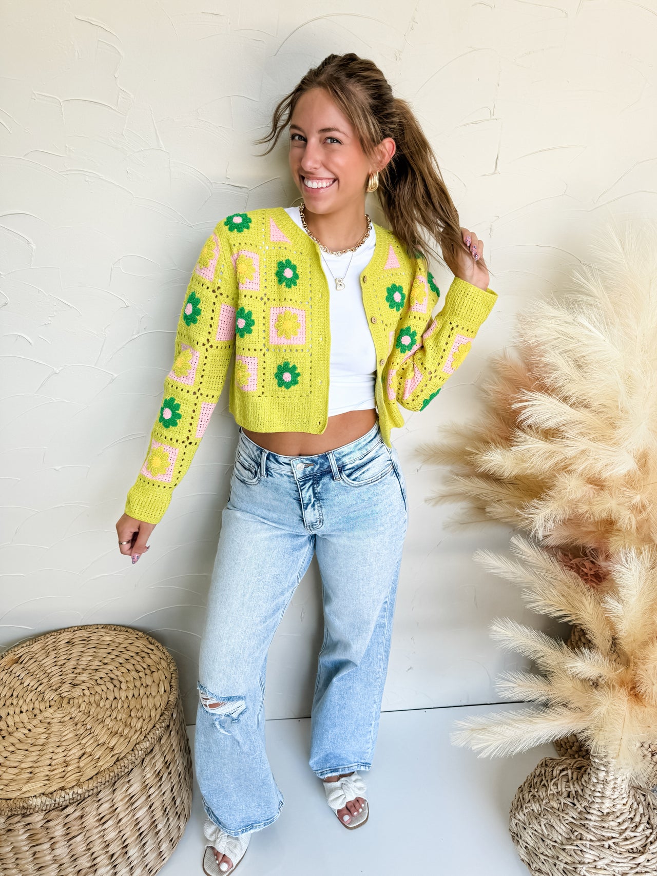 Inspire Me Floral Crochet Cropped Cardigan- Avocado