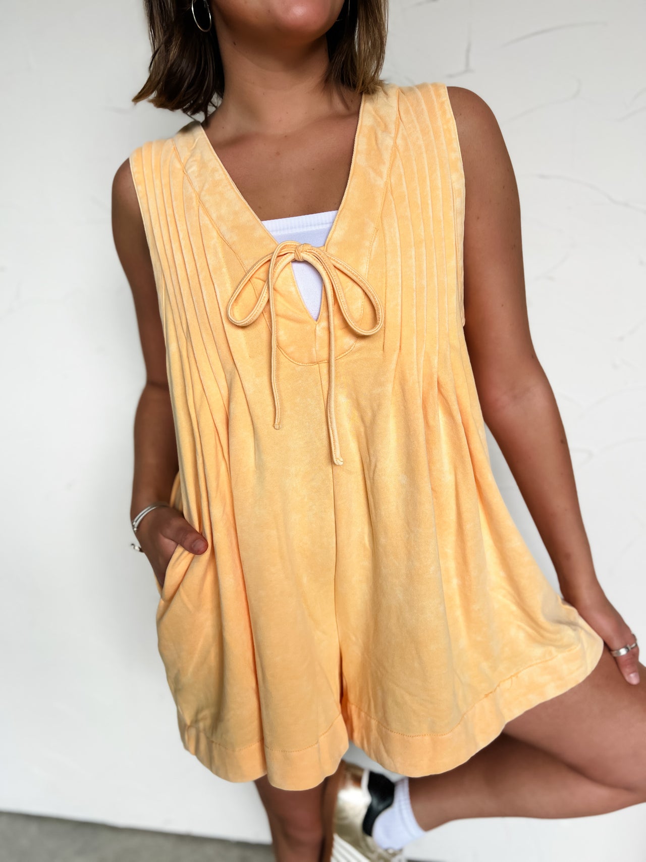 A Perfect Find French Terry V Neck Romper- Orange