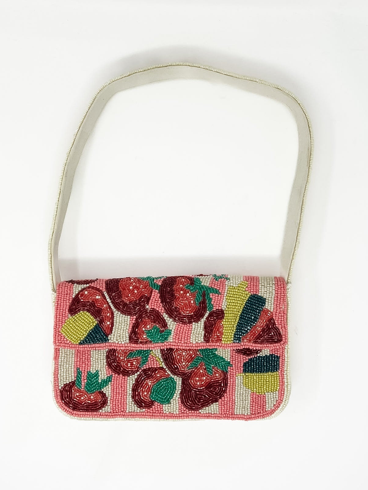 Beaded handbag with fruit pattern on a white background
