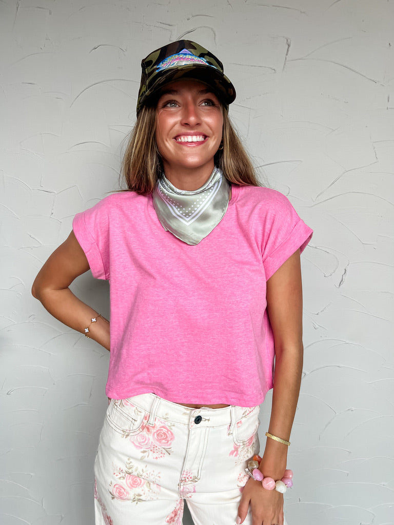 Always Stay Humble Folded Sleeve Cropped Top- Heather Hot Pink
