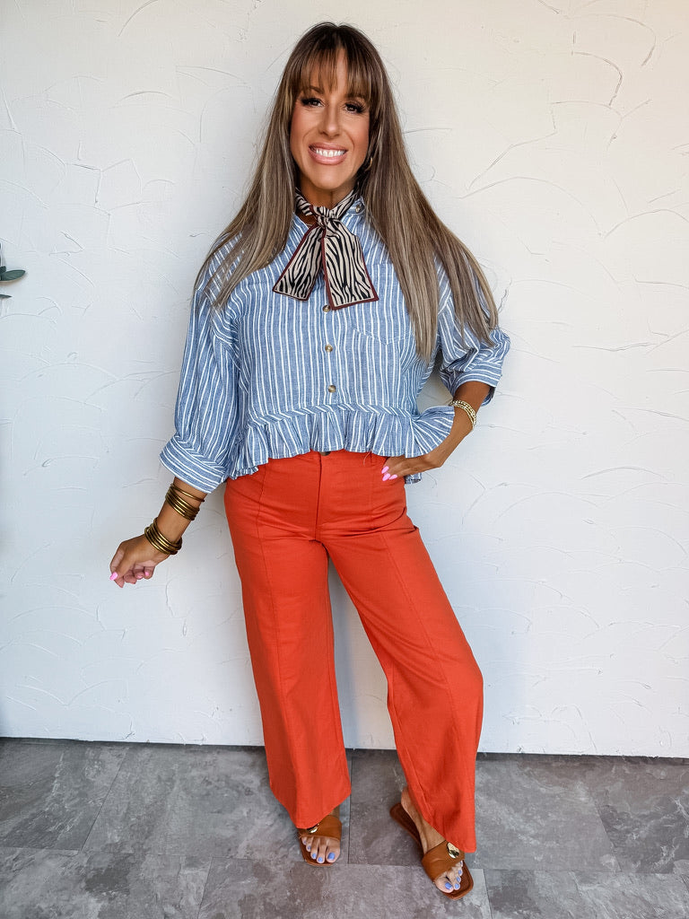 Play It Cool Ruffle Hem Stripe Top- Denim