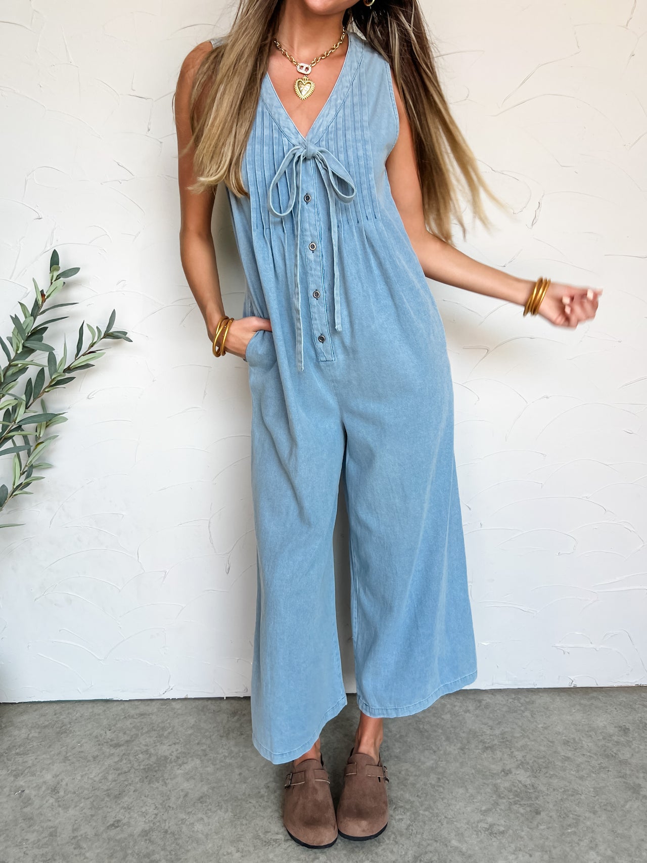 Hard At Work Pintuck Denim Jumpsuit