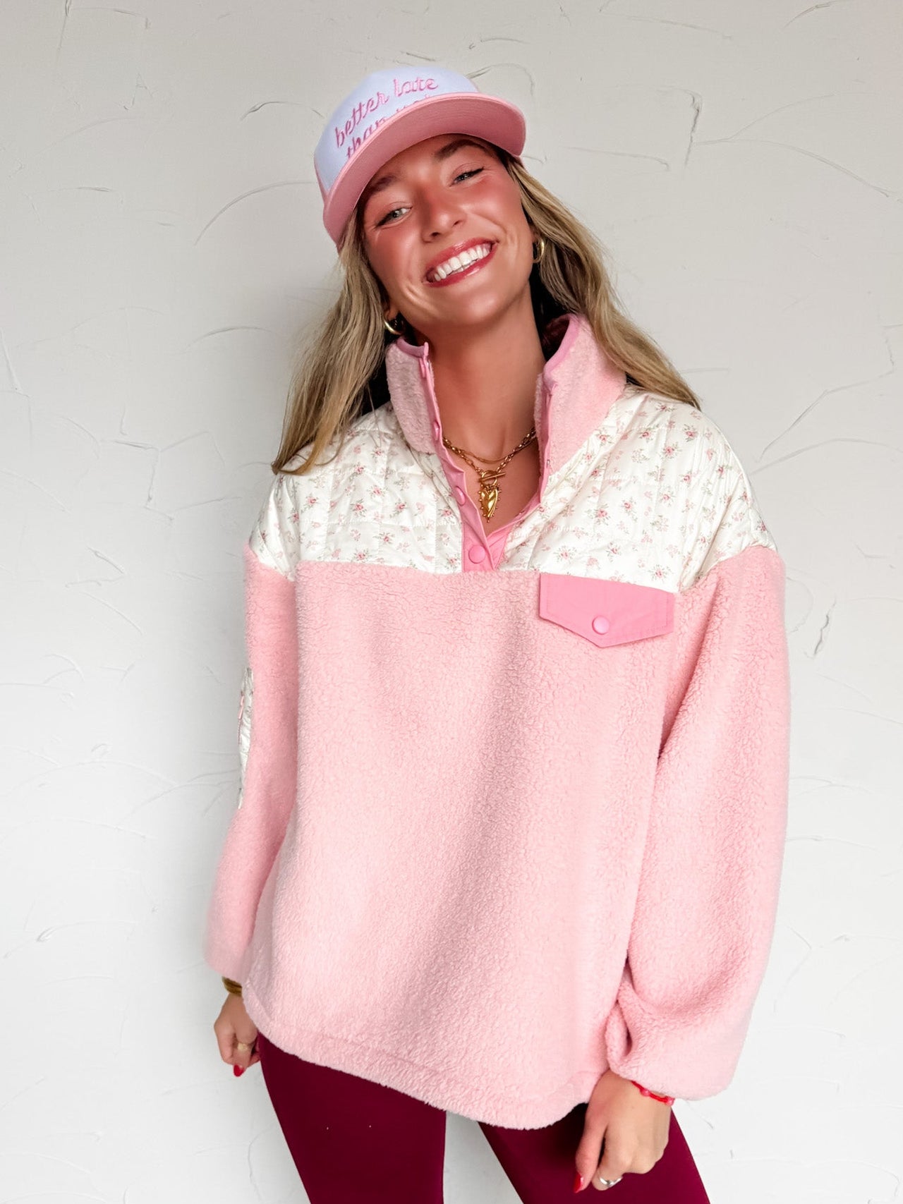 Talk To Me Floral Contrast Fleece Pullover- Pink