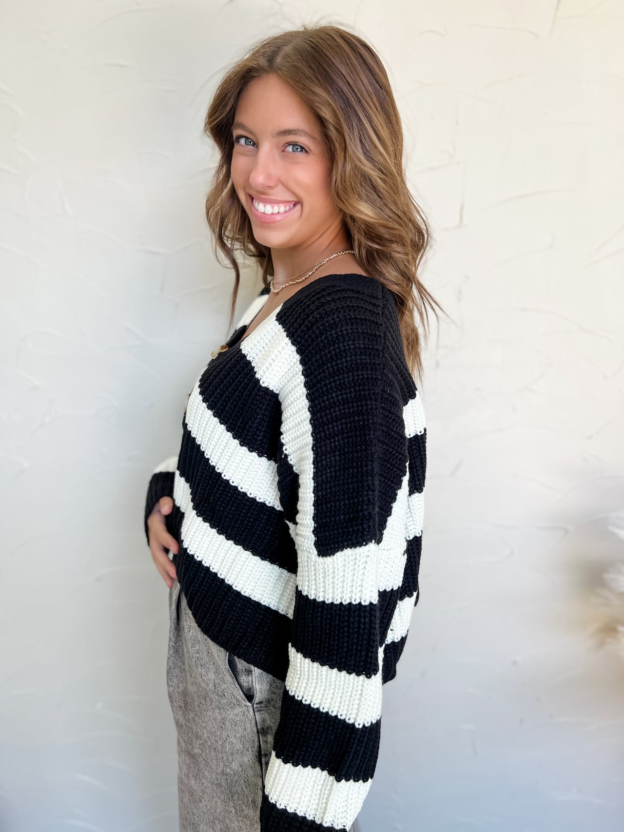 Keep Me In Line Striped V Neck Cardigan- Black/ Ivory