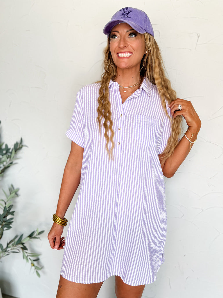 Live in Color Striped Seersucker Shirt Dress- Lavender/White