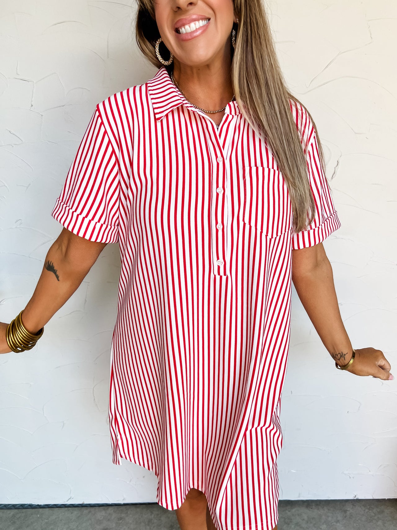 Down Memory Lane Stripe Button Up Shirt Dress- Ruby