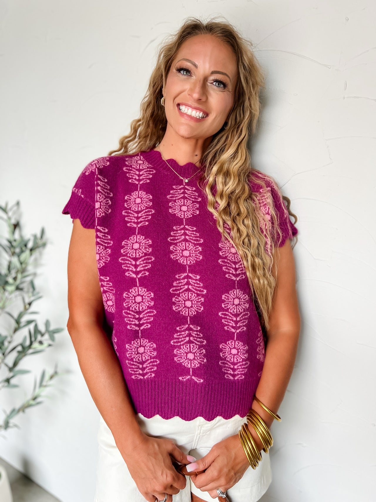 Wish You Were Here Flower Scalloped Neck Top