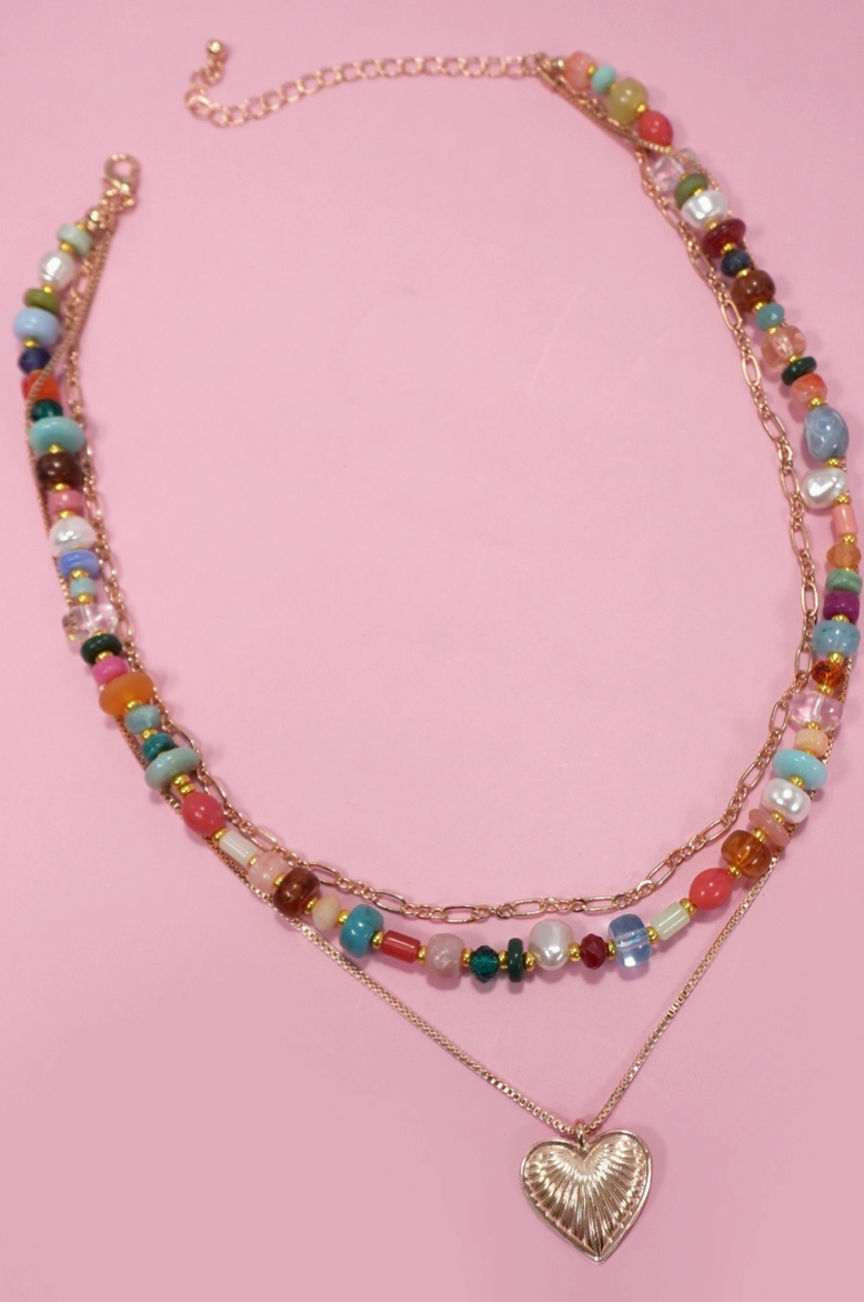 Multi Layered Beaded Heart Charm Necklace
