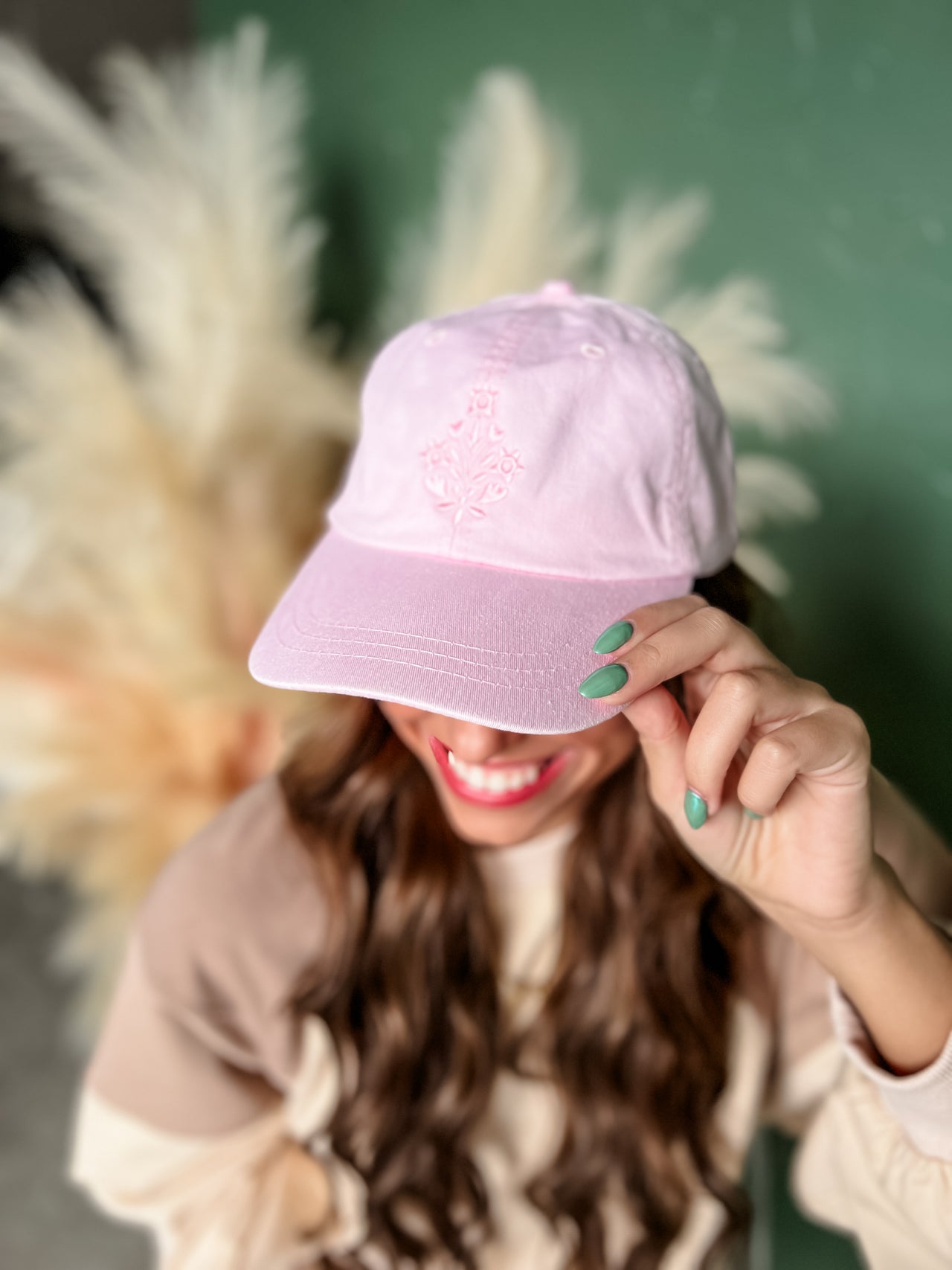 Floral Embroidered Cap- Pale Pink