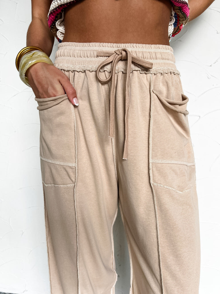 No Second Guesses Mineral Washed Barrel Fit Pants- Oatmeal