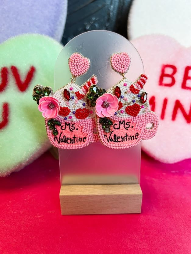 Ms Valentine Pink Beaded Coffee Earrings