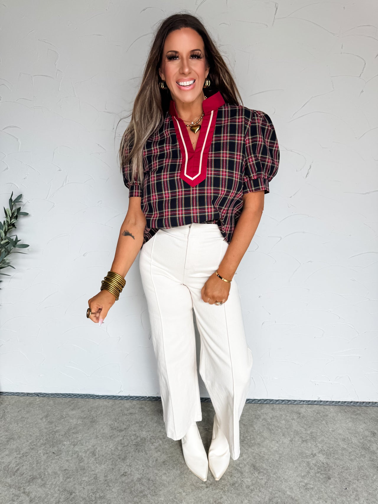 Find My Happy Place Plaid Contrast V Neck Top
