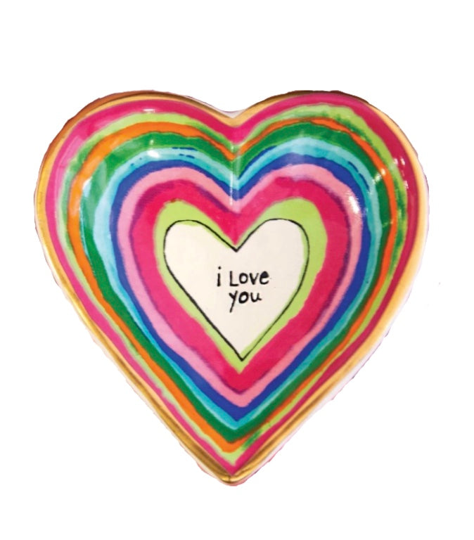 Heart-shaped trinket dish with rainbow stripes and 'I Love You' text on a white background